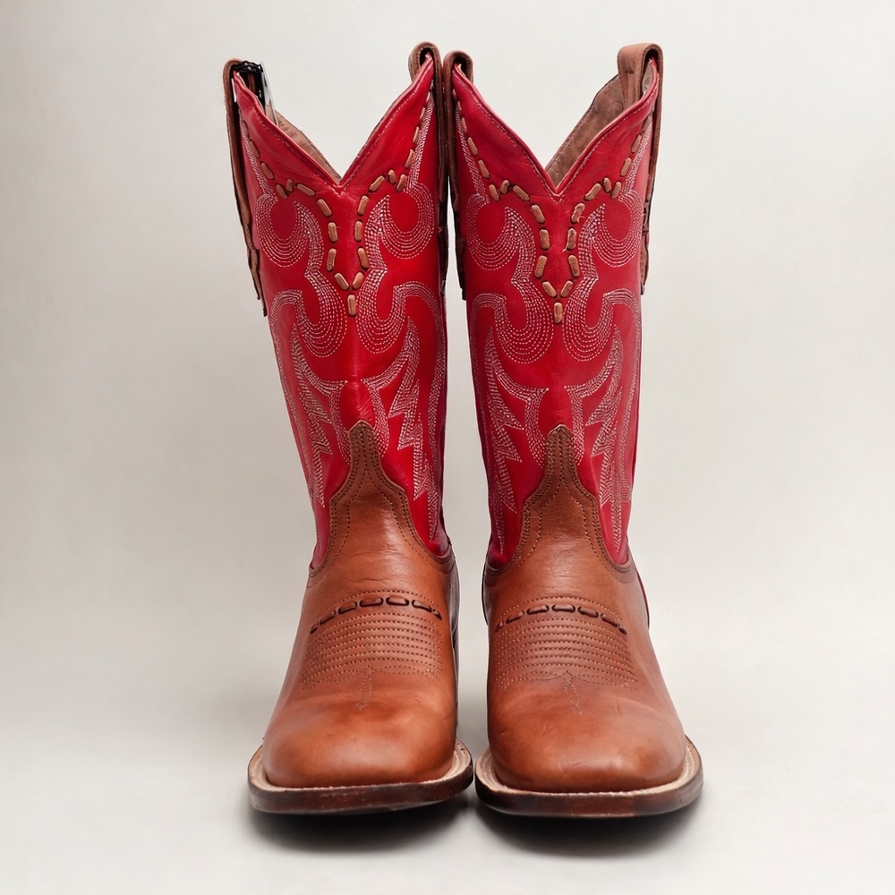Lucchese Red & Tan Leather Western Cowboy Boots Size 6.5 B Square Toe NWT
